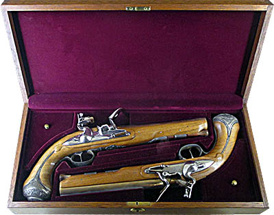 These dueling pistols are replicas of ones owned by George Washington. The originals were made in London by Wilson & Hawkins, and the replicas made by the Belgian firm Centaure.