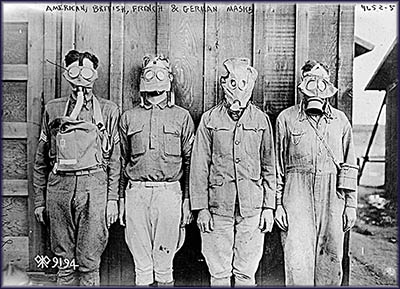 World War I gas masks from (left to right) American, British, French and German. World War I gas masks from (left to right) American, British, French and German.