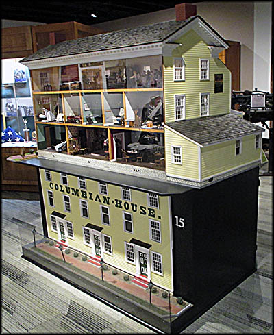 Hancock Historical Museum This model of the Columbia House is filled with miniatures of all sorts of things including a mouse!