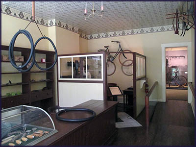 Inside the replica of the Wright Bike Shop at Carollin Historical Park in Dayton, Ohio.