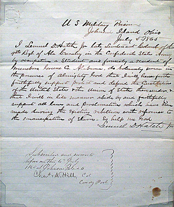 Maritime Museum of Sandusky Written oath by from Johnson’s Island prison camp by Colonel Chas. Wittill pledging allegiance to the United States. This was known as “Swallowing the Eagle” by Confederal prisoners of war. Maritime Museum of Sandusky Written oath by from Johnson’s Island prison camp by Colonel Chas. Wittill pledging allegiance to the United States. This was known as “Swallowing the Eagle” by Confederal prisoners of war.