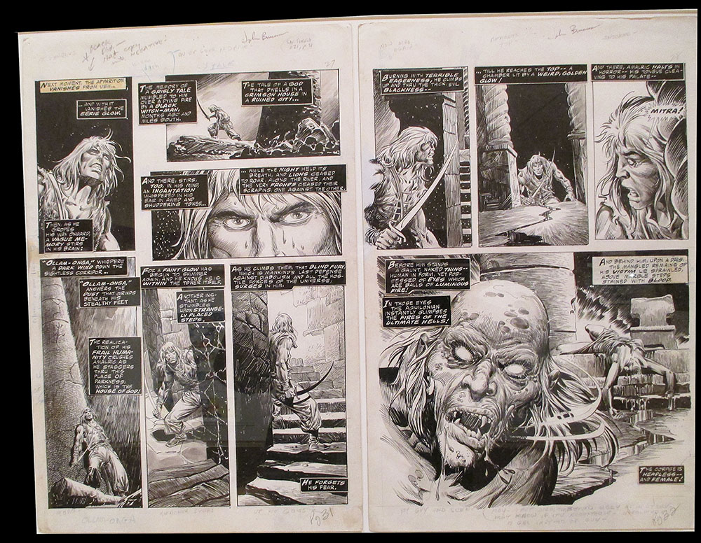 Billy Ireland Cartoon Library & Museum This original piece from Marvel Comics The Savage Sword of Conan the Barbarian (August 1977, #21) by John Buscema shows the margin notes and other irregularities that never appeared in the final printed page